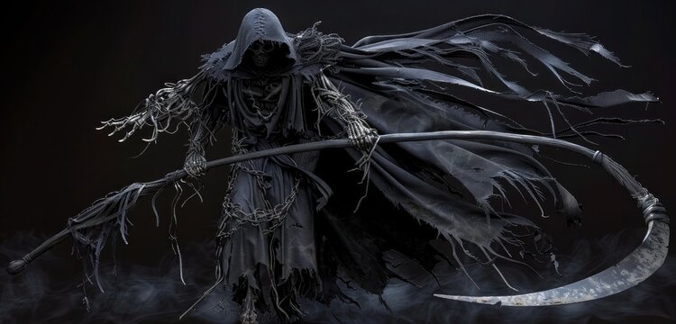 A grim reaper with a scythe and tattered black cloak on dark smoky background