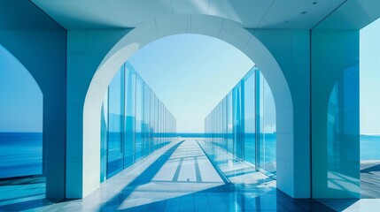 AI generated illustration of modern architectural design with glass walls overlooking the ocean