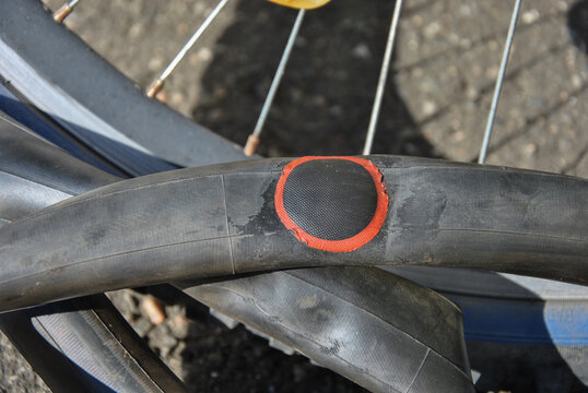 Bicycle inner tube repaired with a repair patch