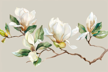 watercolor white magnolia branch, green leaves, beige and yellow flowers, vector illustration, flat...