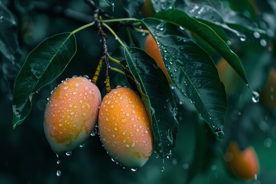 Mangoes on tree, droplets, fujifilm, fujicolor c200, depth of field