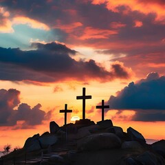 The sun sets behind three crosses on Mt. Calvary symbolizing hope and redemption, a reminder of sacrifice and salvation