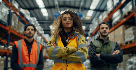 Fototapeta premium Warehouse Workers in Safety Gear Standing with Confidence in Distribution Center