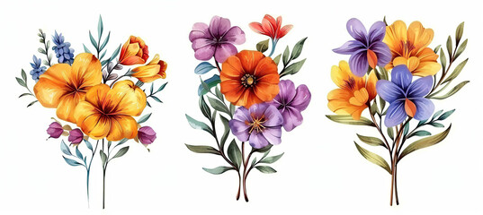 Colorful flower bouquet illustration set isolated on white background