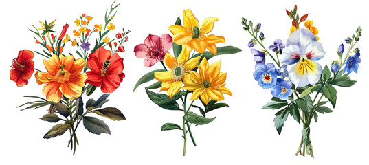 Colorful flower bouquet illustration set isolated on white background