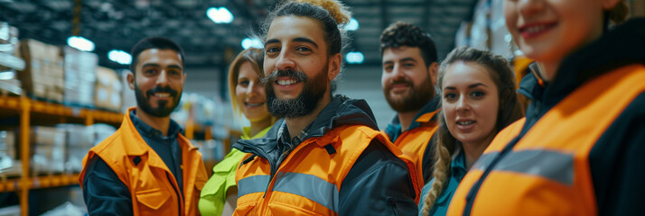 Fototapeta premium Warehouse Team in Safety Vests Smiling at Camera 