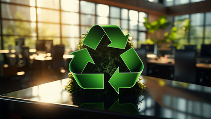 Green recycle symbol icon sign with professional environment background to represent recycling or sorting of waste at office and for working people