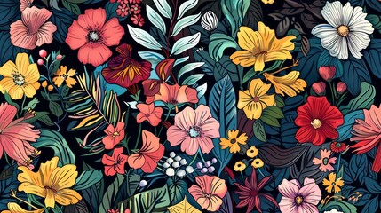 Vivid and colorful seamless floral pattern background with beautiful handdrawn botanical illustrations, perfect for textile, interior decoration, fashion, and crafting projects