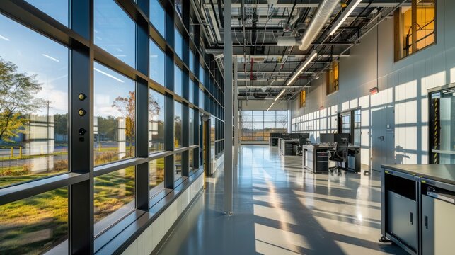 high-tech data center with energy-efficient windows that balance natural light and insulation, creating a more pleasant and energy-efficient work environment for technicians