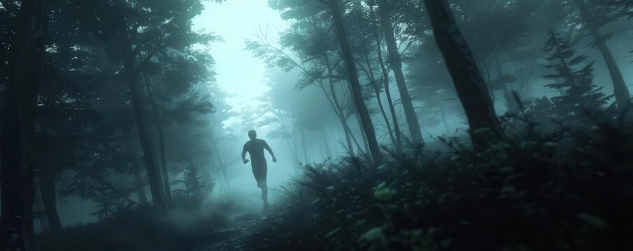 A dramatic scene of a person running in terror through a dark, foggy forest, their face a mask of fear
