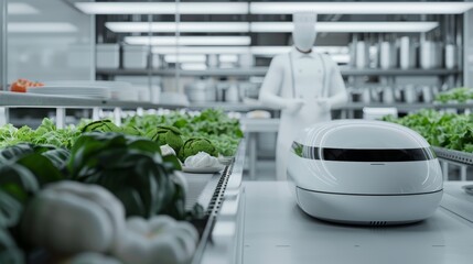 A futuristic kitchen with holographic food displays, chefs in digital aprons, and advanced cooking gadgets creating a balanced diet, bright and clean environment