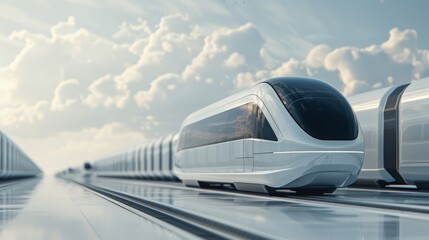 A futuristic watercraft transporting high-tech merchandise units across a sleek, modernized shipping terminal, under a dramatic, cloud-filled sky