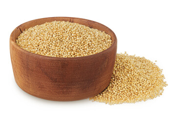 Amaranth grain seeds in wooden bowl isolated on white background