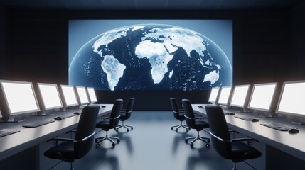 A high-tech control room coordinating an international haulage operation, with holographic maps of planetary routes and diverse team members in action