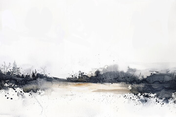 A painting of a landscape with a few trees and a lake