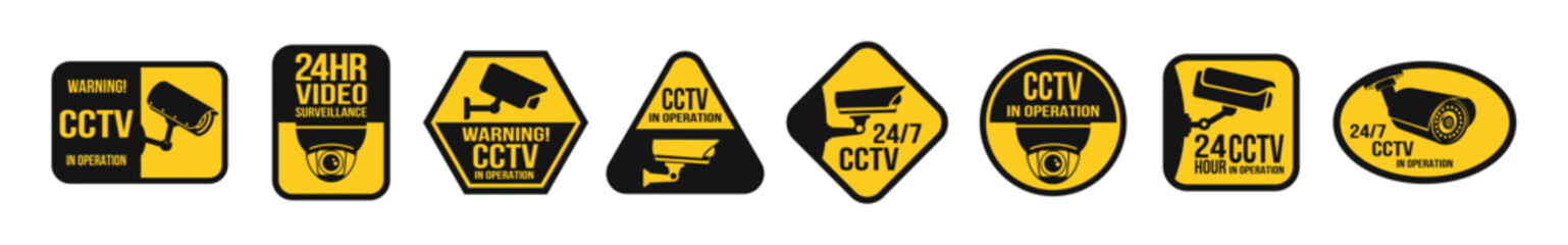 CCTV set flat banners icon on transparent background. Video surveillance sign.