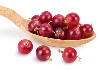 Red gooseberry in wooden spoon isolated on white background with full depth of field.
