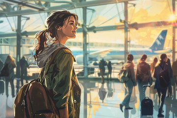 Fototapeta premium A woman with a backpack is standing in an airport terminal