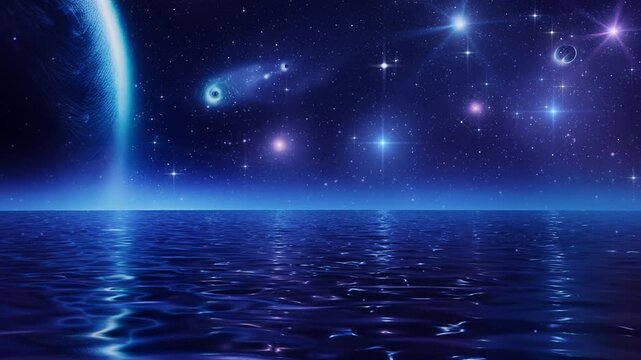 Fantasy Sea Ocean Seascape in a Mistycal Night - Seamless Loop Abstact Background V2