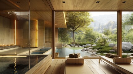 Fototapeta premium luxury spa with energy-efficient windows that blur the boundaries between interior and natural settings, creating a seamless integration with the relaxing landscape
