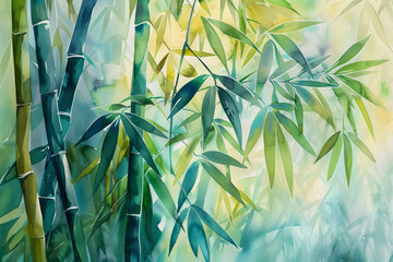 A painting of bamboo trees with a colorful background