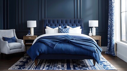 A splash of indigo adds depth to a contemporary bedroom, with geometric patterns adding visual interest.
