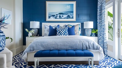 A splash of indigo adds depth to a contemporary bedroom, with geometric patterns adding visual interest.
