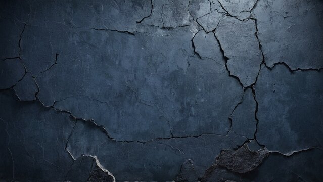 A dark blue wall made of concrete showing multiple cracks on the surface
