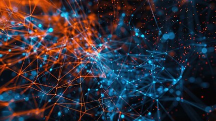 The image shows a glowing blue and orange network of interconnected nodes and pathways.