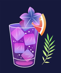 Colorful cocktail glass with ice cubes and flower garnish next to a green leaf and grapefruit slice on dark background