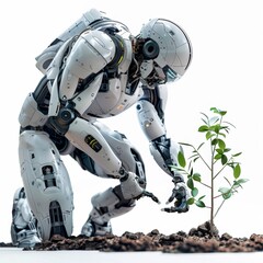 Futuristic AI Robots Planting Climate-Resilient Trees on White Background with Copy Space, Future Forestry Technology Adaptation Concept