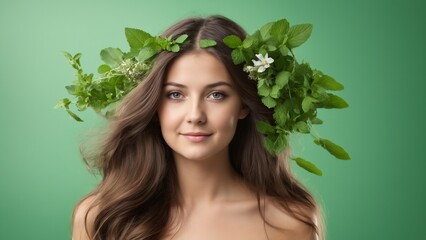 Fototapeta premium A woman with a leaf and flower wreath smiling in nature for a flash photo