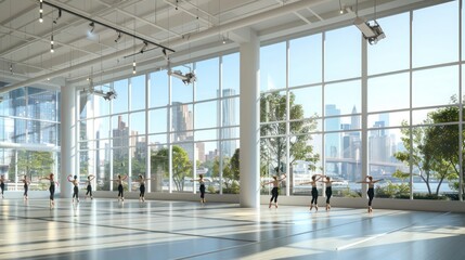 modern dance studio with large, energy-efficient windows providing dancers with inspiring views of a bustling cityscape while maintaining a comfortable indoor environment