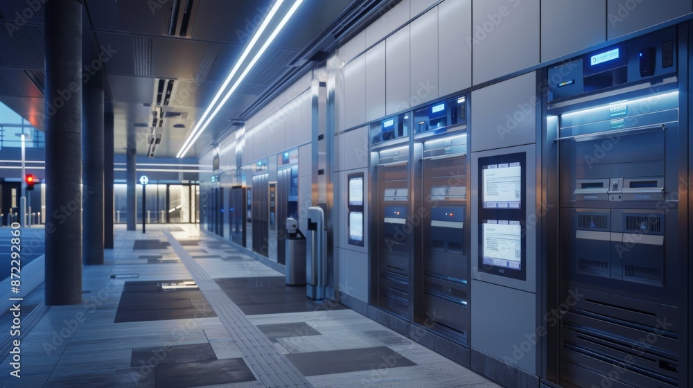Poster a modern data center hallway with rows of server racks, lit by blue led lights. the hallway is clean