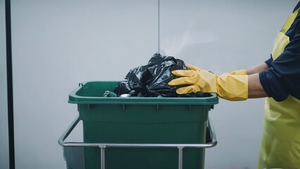 Someone in yellow gloves putting black bag in green trash can