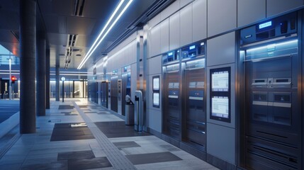 Obraz premium A modern data center hallway with rows of server racks, lit by blue LED lights. The hallway is clean and sleek, with tiled floors and white walls.
