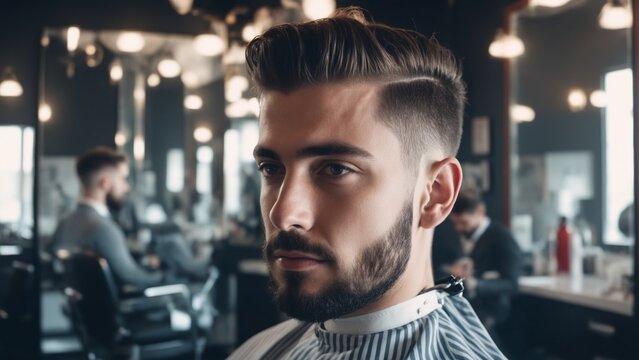 A man with a beard is having his hair styled at a barbershop