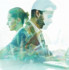Obraz premium Business people working together using laptop and tablet with cityscape overlay