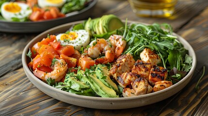 Rich plate of salad from green leaves mix and vegetables with avocado or eggs, chicken and shrimps