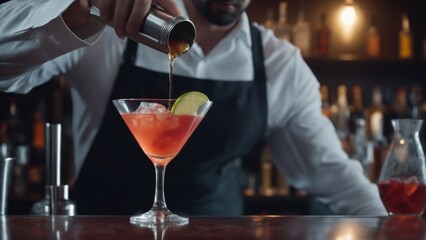 A bartender is skillfully pouring a drink into a stylish martini glass