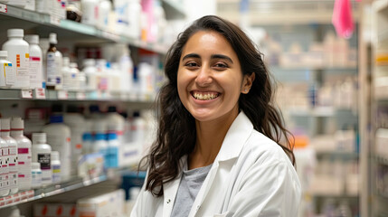 Young hispanic woman pharmacist smiling confident standing at pharmacy
