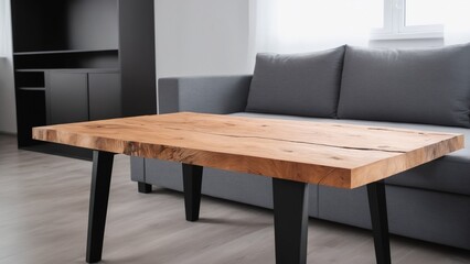 Wooden table in spacious living room next to comfortable couch