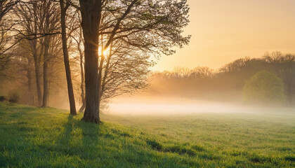 Fototapeta premium Sunlight shines through the branches of trees on a misty morning, illuminating a green field