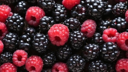 A pile of blackberries and raspberries with one raspberry in center