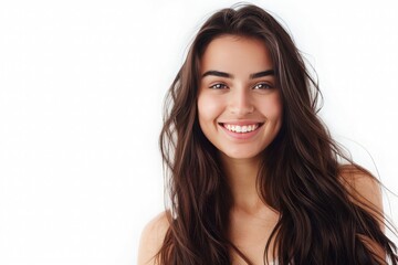 Fototapeta premium Beautiful woman with long hair and a bright smile, wearing a summer dress, standing against a simple white background, her elegance and beauty emphasized 