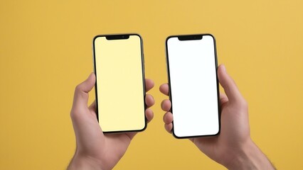A person holds two phones, one with a yellow screen and one with a white screen
