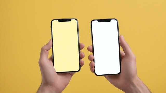 A person holds two phones, one with a yellow screen and one with a white screen