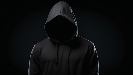In the dark stands a faceless man wearing a black hoodie