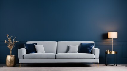 A living room with a white couch and blue walls