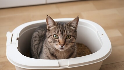 A cat is sitting in a litter box, gazing at the camera with curiosity